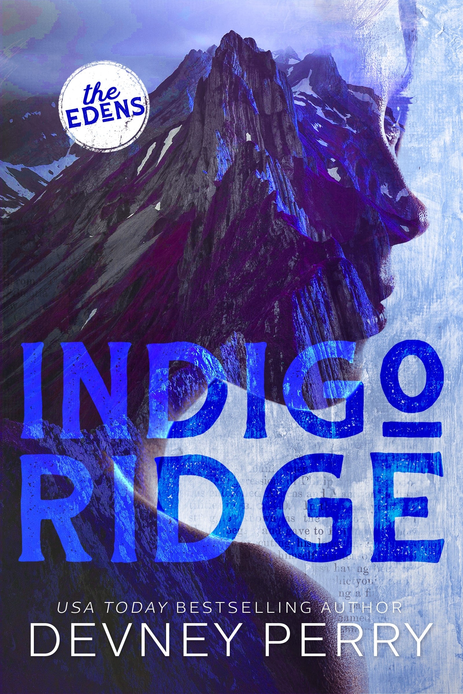 Book cover of 'Indigo Ridge' by Devney Perry featuring a stylized lion and icy background.