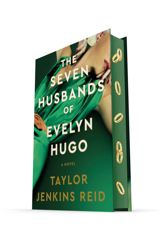 Book cover of 'The Seven Husbands of Evelyn Hugo' by Taylor Jenkins Reid with a green background and gold accents.
