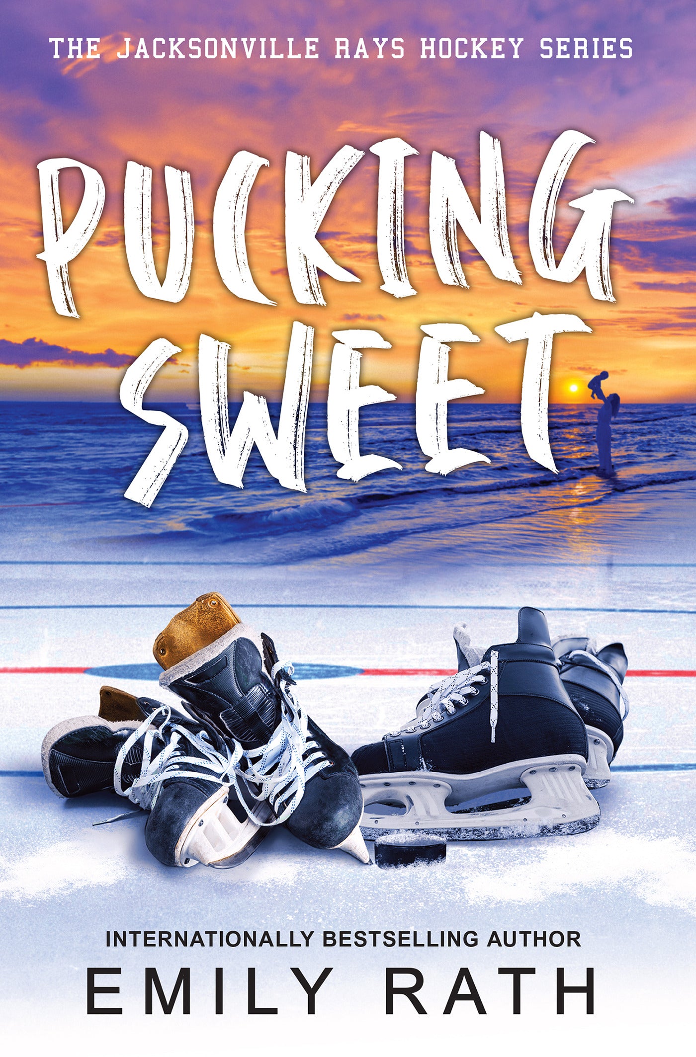 Book cover of 'Pucking Sweet' featuring ice skates and a hockey rink with a sunset.