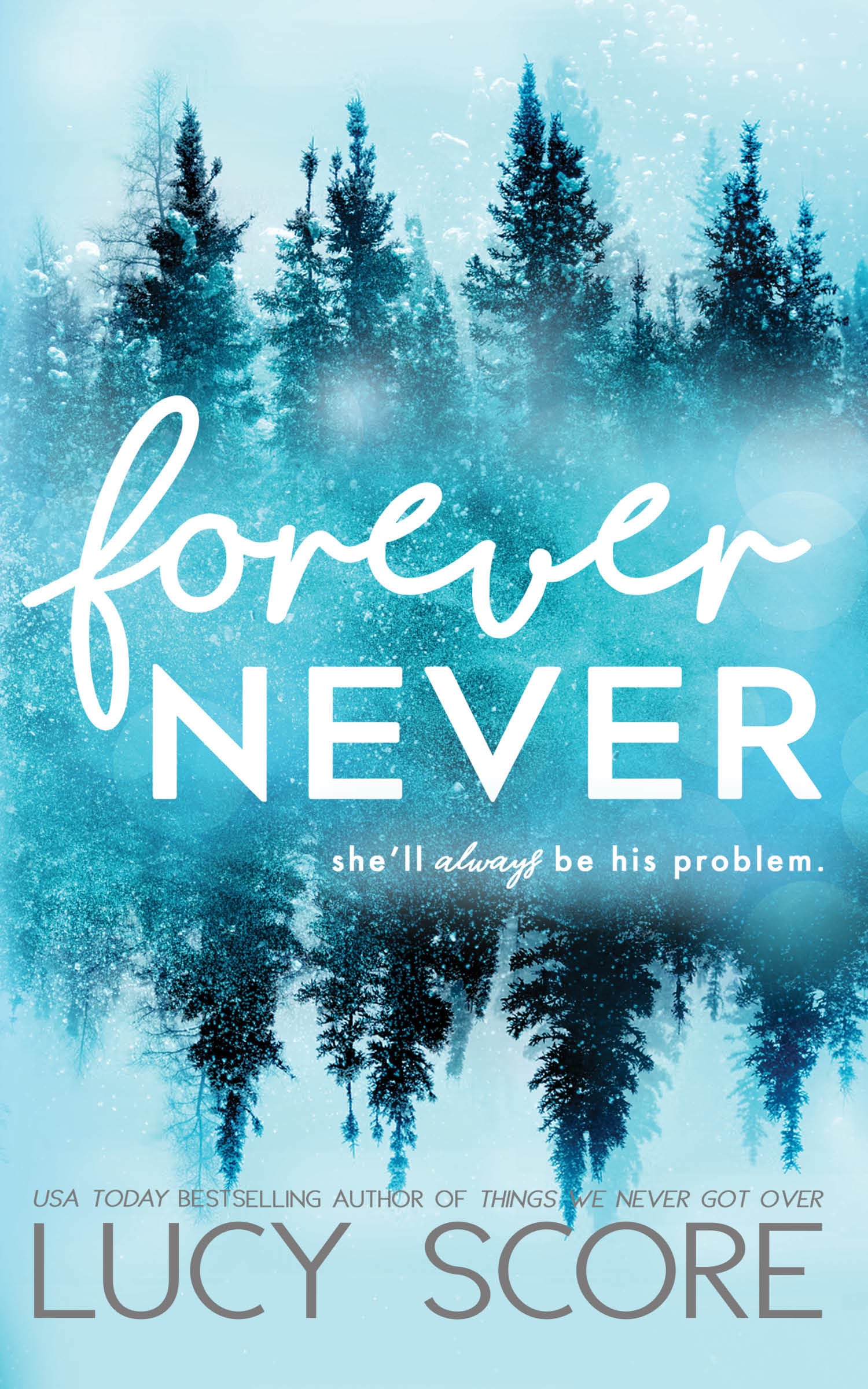 Book cover of 'Forever Never' by Lucy Score with a snowy forest background.